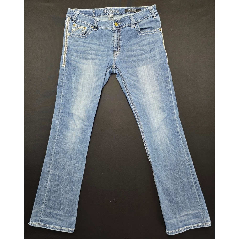 Rock & Roll Cowgirl Boyfriend Jeans Womens 32x34 Blue Stretch Distressed Denim